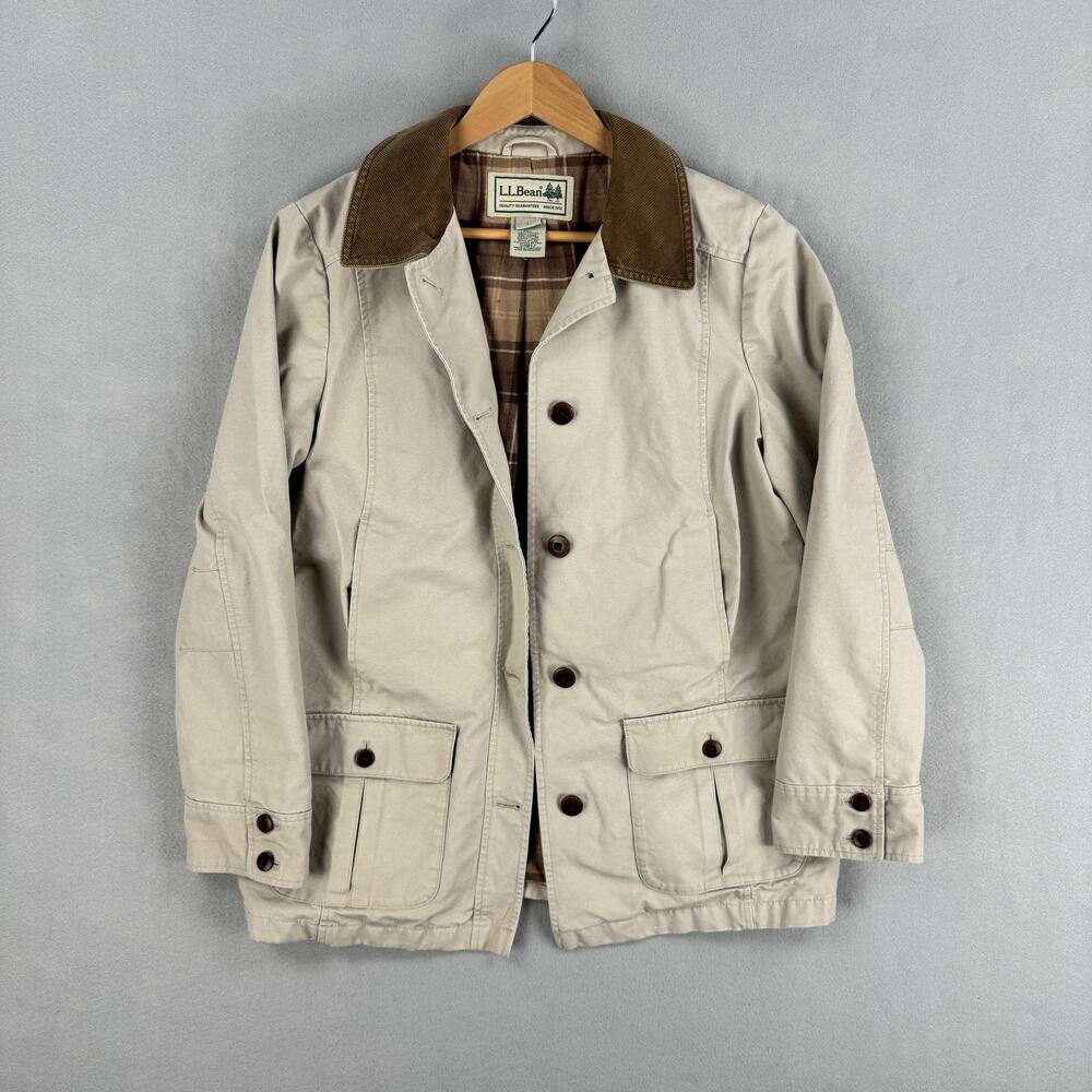 Vintage L.L. Bean Coat Mens Large Beige Canvas Corduroy Collar Plaid Lined Chore